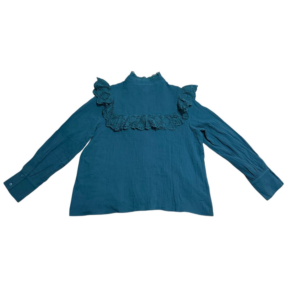 NEW Hyacinth House Tuckernuck Teal Eyelet Tatum Blouse Lace Trim Ruffle Large - Picture 13 of 14